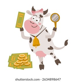A cheerful cartoon cow on its hind legs with a magnifying glass checks the authenticity of money with a bell on its neck and a bow on its head. Wealth, finance - vector flat illustration for design