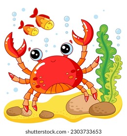 Cheerful cartoon crab at the bottom of the ocean. Marine theme. For children's design of prints, posters, cards, stickers, puzzles and so on. Vector