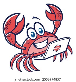 A cheerful cartoon crab using a laptop, symbolizing tech engagement.