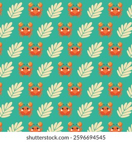 Cheerful Cartoon Crabs and Tropical Leaves on Teal Background