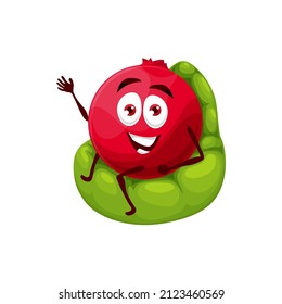 Alegre arándano de dibujos animados sentado en una silla inflable. Personaje de berry fresco vectorial con la graciosa sonrisa de la cara saludando a la mano. Mascota de la planta de un huerto aislado, postre dulce relajándose en el sillón de una bolsa de barbacoa