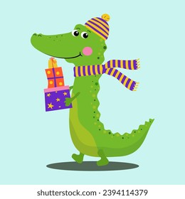 Cheerful cartoon crocodile with a box of gifts. Boxing Day. Holiday decor. Crocodile in warm knitted clothes, hat and scarf. Winter accessories. Vector illustration with animals, background isolated.