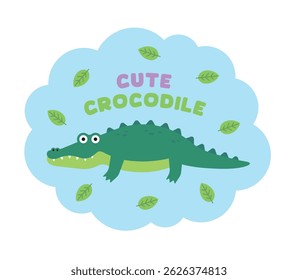 Cheerful cartoon crocodile with bright green color, smiling playfully. Surrounded by tropical leaves, perfect for kids' products, branding, and creative designs.