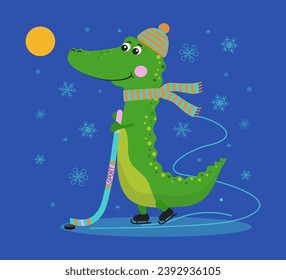 Cheerful cartoon Crocodile hockey player with a hockey stick and a hockey puck. Winter sport. Holiday decor. Crocodile in warm knitted clothes, hat and scarf. Winter accessories. 