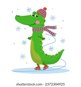 A cheerful cartoon crocodile is skating on a skating rink. Skates, Winter sports. Crocodile in warm knitted clothes, hat and scarf ice skating, figure skating. Winter accessories. New Year, Christmas.