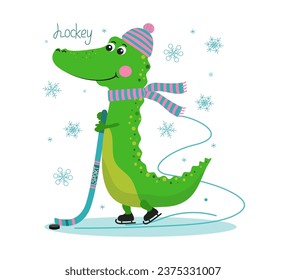 Cheerful cartoon crocodile skating on a skating rink. Crocodile hockey player with a hockey stick and a hockey puck. Winter sport. Warm knitted clothes, hat and scarf. Winter accessories. 