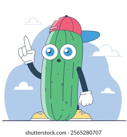 A cheerful cartoon cucumber character stands out against a bright red background. Perfect for children's books, websites, or any project needing a fun, healthy mascot