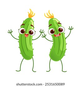 Cheerful cartoon cucumbers dancing. Cute funny characters in cartoon style. Healthy food, vegetables, vegan. vector illustration for kids, web design, prints. isolated on white background.