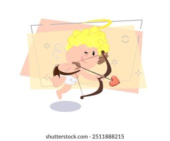 Alegre caricatura de Cupido haciendo tiro con arco. Concepto de amor. La Ilustración vectorial se puede utilizar para temas como citas, día de San Valentín, romance