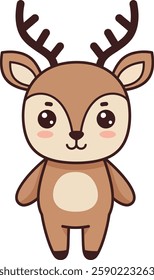 A cheerful cartoon deer stands upright, showcasing big eyes and soft brown fur, radiating happiness in a playful manner.