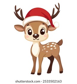 A cheerful cartoon deer wearing a Santa hat stands playfully amidst a festive background, capturing holiday spirit joyfully