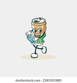 A cheerful cartoon depiction of a crushed can character happily carrying another can.