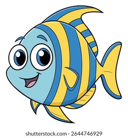 Cheerful cartoon depiction of a smiling, light blue fish adorned with vibrant yellow and blue stripes, set against a clean, transparent white background. 
