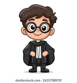 A cheerful cartoon depiction of a young lawyer, wearing a formal black gown and round glasses.
