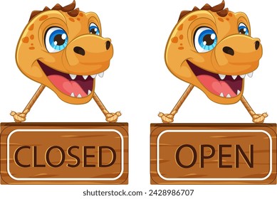 Cheerful cartoon dinosaur holding signs indicating status