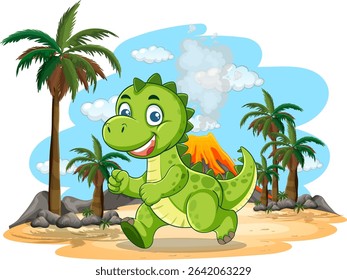 A cheerful cartoon dinosaur in a vibrant prehistoric setting with palm trees and a smoking volcano