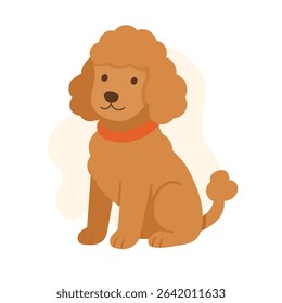 A cheerful cartoon dog with curly, golden fur sits happily. The animal has a playful demeanor, showcasing its friendly nature against a light backdrop.