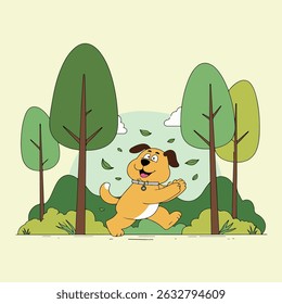 A cheerful cartoon dog joyfully runs through a stylized forest with trees and falling leaves, set against a light background.
