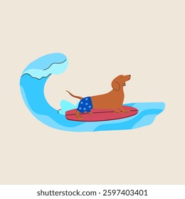 A cheerful cartoon dog rides a surfboard on ocean waves, enjoying a fun and playful water adventure