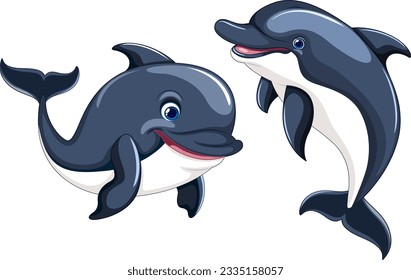 A cheerful cartoon dolphin is smiling out of the water