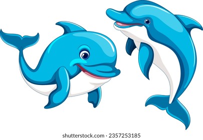 A cheerful cartoon dolphin is smiling out of the water in a vector illustration style