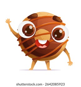 A cheerful cartoon donut character with chocolate frosting and caramel drizzle. He is waving his hand, has big eyes, and a sweet, funny smile.