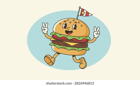 Cheerful cartoon double cheeseburger character holding a little flag runs happily across a light blue backdrop.