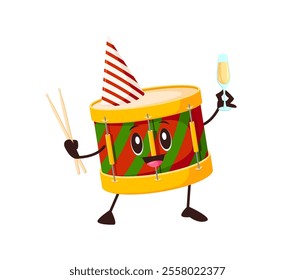 Cheerful cartoon drum character celebrating Christmas with a party hat and champagne glass, embodying festive winter holiday spirit. Isolated vector joyful percussion musical instrument personage