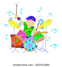 
A cheerful cartoon drummer is brandishing drumsticks. Musical show. Flat vector image.