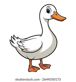 Um animado pato com bico laranja de plumagem branca e olhos azuis está contra um fundo branco em um estilo de desenho animado simples