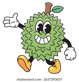 A cheerful cartoon durian character with a wide smile and animated walking pose.