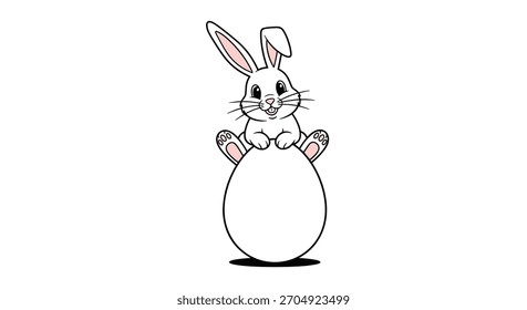 Cheerful cartoon Easter bunny sitting on top of a large blank egg with space for text or design for a holiday greeting.