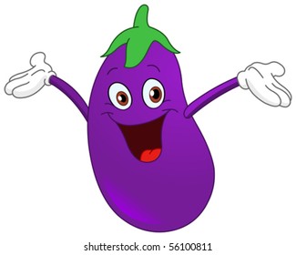 Cheerful cartoon eggplant raising his hands