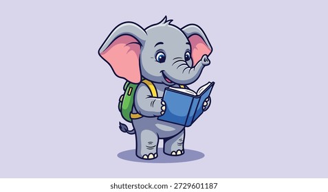A cheerful cartoon elephant wearing a backpack is engrossed in reading a book, symbolizing education and learning.