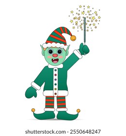 Cheerful cartoon elf in a green holiday outfit with striped hat, holding a glowing sparkler, isolated on white.