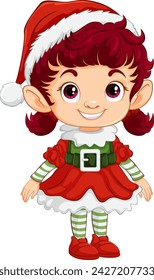 Cheerful cartoon elf in traditional Christmas costume