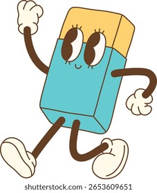 Cheerful cartoon eraser character with blue and yellow design, smiling and motion, showcasing playful and fun personality. This whimsical design appeals to children