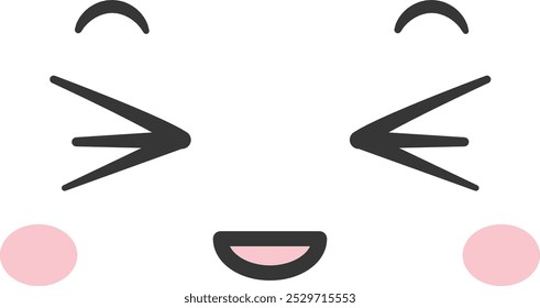 A cheerful cartoon face features closed eyes raised eyebrows and blushing cheeks expressing joy and positivity. Ideal for designs needing a friendly touch.