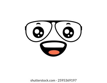 A cheerful cartoon face with large eyes and glasses shares a happy and joyful smile.
