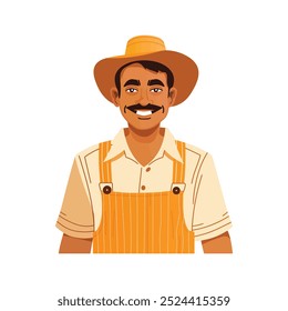 Ilustração animada de um fazendeiro com um homem vestindo um chapéu de palha, macacão e bigode. Perfeito para projetos relacionados à fazenda, temas agrícolas ou conteúdo de estilo de vida rural