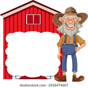 Cheerful cartoon farmer standing next to a barn