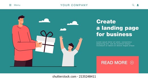 Cheerful cartoon father giving gift box to happy son. Man surprising boy with birthday present flat vector illustration. Family, love, care, celebration concept for banner or landing web page