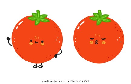 A cheerful cartoon featuring two charming Tomato characters with cute expressions and a bright red color.