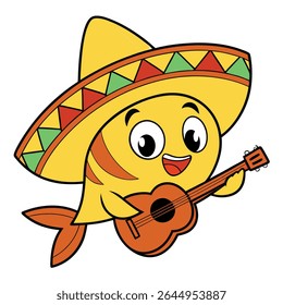 A cheerful cartoon fish, sporting a traditional sombrero, strums a brown guitar with a big smile on its face, full of joy  against a transparent background.