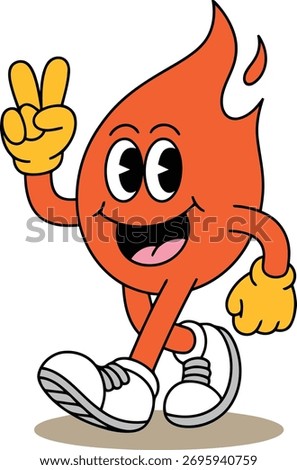 A cheerful cartoon flame character with a friendly face and outstretched arms, giving a peace sign and walking.