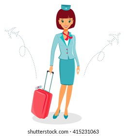 Cheerful cartoon flight attendant in blue and red uniform with suitcase, vector illustration professional occupation character. Isolated on white background. Communication in the air concept