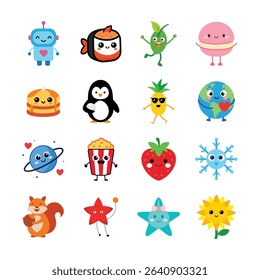 Cheerful Cartoon Food and Object Characters Spreading Joy and Whimsy Featuring Sushi, Robot, Earth, Pineapple, Sunflower, and More