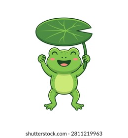 A cheerful cartoon frog holding a large lily pad as an umbrella.