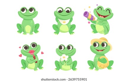 Cheerful Cartoon Frogs Featuring Fun and Vibrant Expressions in a Variety of Bright Colors