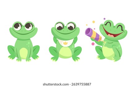 Cheerful Cartoon Frogs who are Celebrating Fun and Joy with a Colorful Display of Happiness
